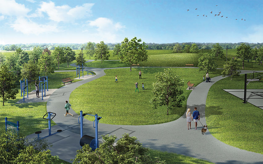 walkways, trails, playgrounds, and fitness stations
